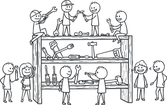 Playful hand-drawn vector illustration of characters collaborating in a workshop with various tools on a shelf, ideal for DIY or handyman themes