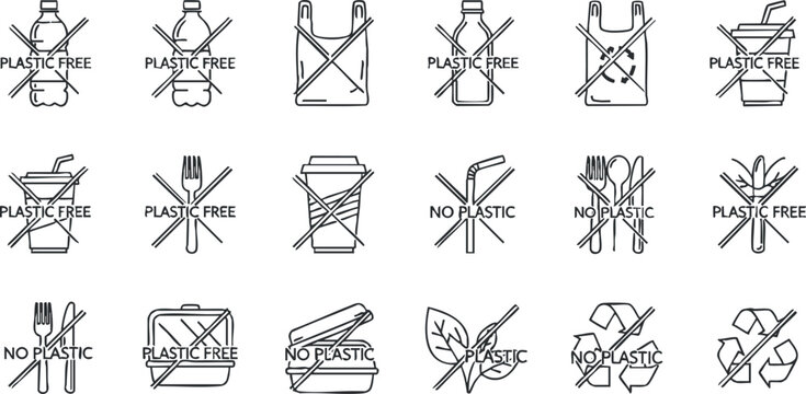 Minimalist outline vector icon set promoting plastic-free and eco-friendly practices for food and beverage packaging and consumption
