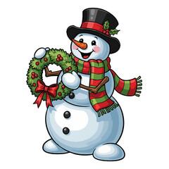 Festive Snowman with Wreath A Cheerful Winter Holiday Illustration.