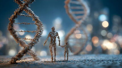 Surreal conceptual artwork of human figures and dna structure in futuristic scene