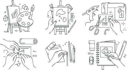 Outline vector illustration of hands engaging in various art and craft activities, perfect for design and educational projects