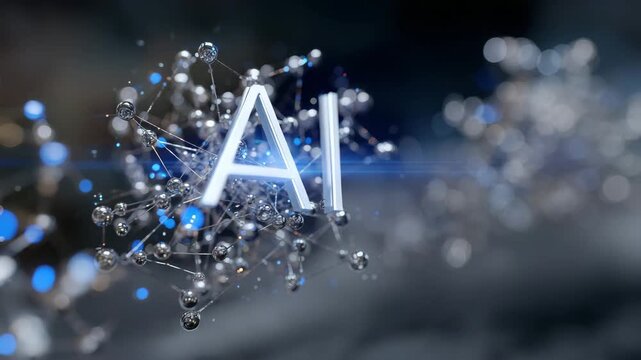 AI text in 3D glass with luminous molecular spheres orbiting, light blue and silver gradient glow, minimalistic futuristic composition