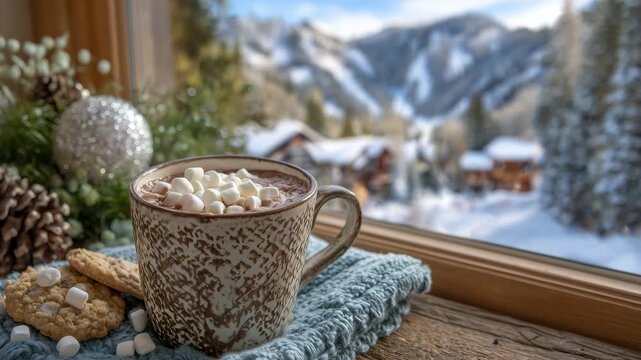 Artistic cozy composition of steaming cocoa in rustic ceramic mug, surrounded by marshmallows, cookies, and Christmas ornaments, snowy landscape outside window enhancing the festiv