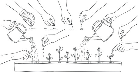 Line art illustration depicting hands nurturing seedlings through watering and planting, ideal for gardening themes and eco-friendly projects