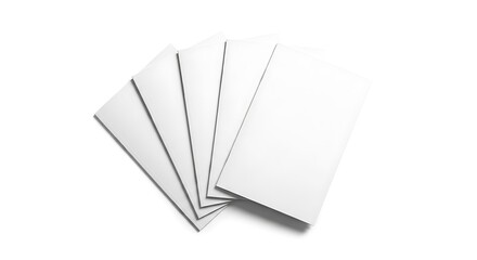 Fan of five blank white rectangular cards or flyers, ideal for mockups, invitations, or promotional designs, isolated on white background