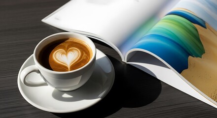 Closeup of a white coffee cup with heart latte art on a saucer next to an open magazine with colorful pages