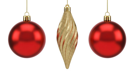 Three hanging christmas ornaments on a black background