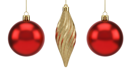 Three hanging christmas ornaments on a black background