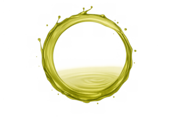 Olive oil splash forming a clean circular frame with ripples of yellow liquid, transparent background