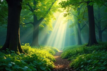 Fototapeta premium Sunlight dapples through the leaves of a lush, green forest, creating a magical, serene atmosphere Perfect for nature, travel, and environmental themes , canopy, trail