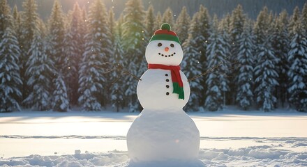 Obraz premium Snowman with red green scarf and hat in snowy forest landscape winter trees