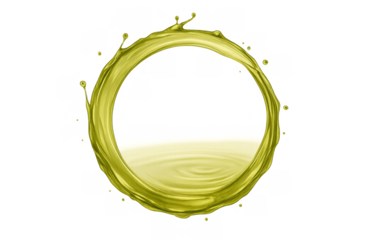 Olive oil splash forming a clean circular frame with ripples of yellow liquid, transparent background - Powered by Adobe