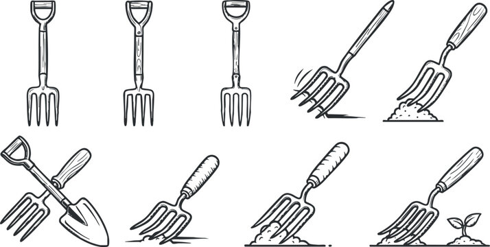 Hand-drawn vector illustration set of gardening tools including forks, shovels, and planting icons for agricultural design projects - Powered by Adobe