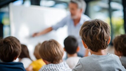 Back view of group of students in classroom, teacher pointing to board, soft natural sunlight through windows, engaging educational setting - Powered by Adobe