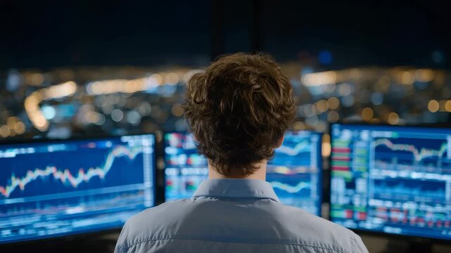 Back view of financial analyst reviewing global cryptocurrency data, multiple screens showing graphs, candlesticks, and portfolio stats, soft ambient lighting enhancing digital dis