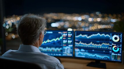 Back view of investor analyzing cryptocurrency charts on dual-screen setup, highlighted risk metrics, pie charts, and trend lines, thoughtful posture reflecting investment decision - Powered by Adobe