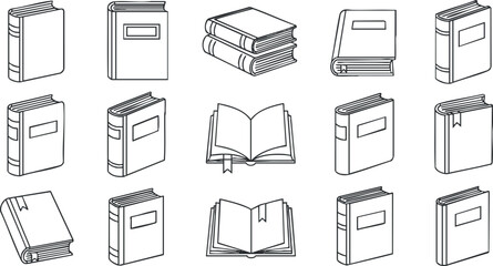 Outline vector icon collection of various book designs for educational and literary projects