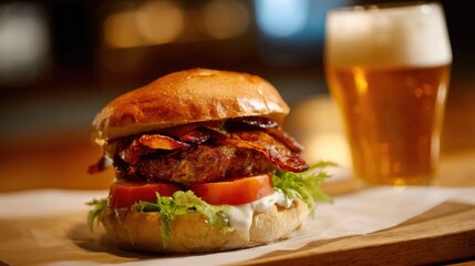 Succulent burger stacked with bacon lettuce and tomato sits next to a cold pint of beer.
