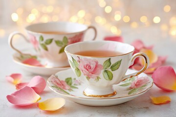 Fototapeta premium Elegant floral teacups with tea rose petals arranged beautifully on a soft background, creating a serene atmosphere perfect for tea time or special occasions with copy space