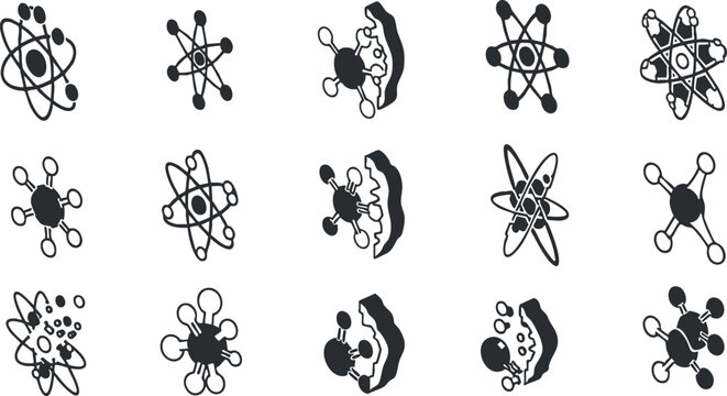 Set of minimalist black and white vector icons representing atoms and molecules for scientific concepts and educational materials