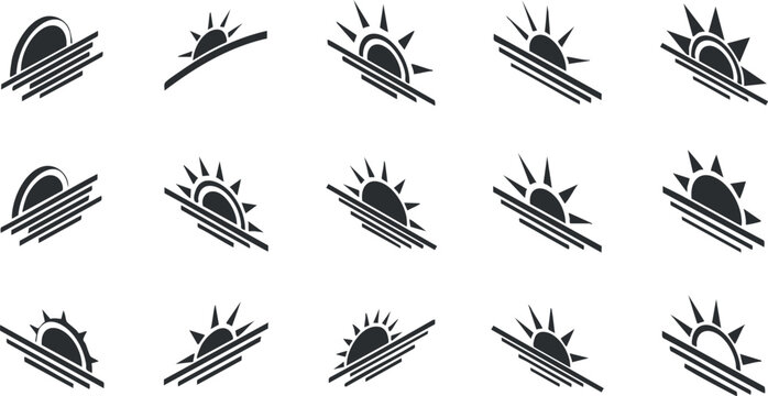 Collection of minimalist black and white vector icons depicting sun and sunrise designs for branding and graphic projects