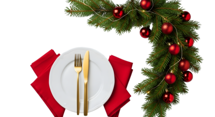 Elegant christmas dinner setting with festive garland and red napkin