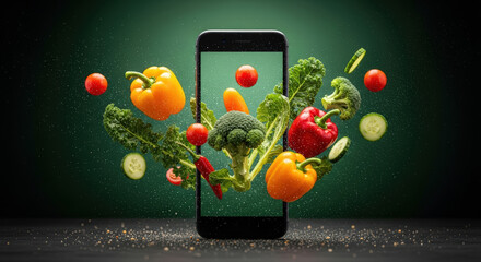 Smartphone displaying vibrant vegetables like broccoli, peppers, and tomatoes, creating a dynamic scene of fresh produce, emphasizing healthy online shopping and culinary inspiration