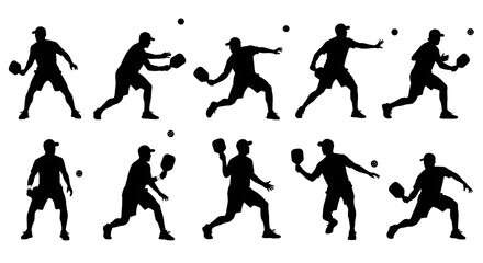 Silhouette of a man playing pickleball isolated on white background