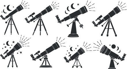 Vector illustration set of telescopes for astronomy and stargazing in a minimalist flat design style