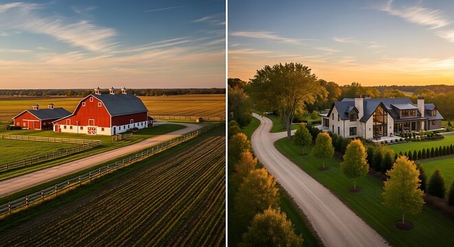 Farm and luxury home comparison showcasing the contrast between rural and upscale living in a scenic landscape. 1031 Exchange