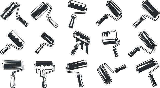 Stylized vector illustration of paint rollers in various designs, ideal for home improvement and renovation projects.