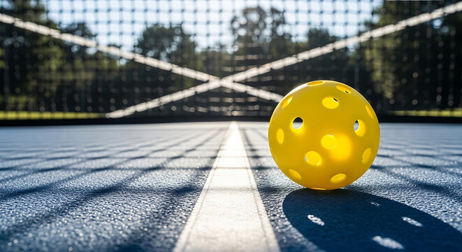 Yellow pickleball on the court with net in the background