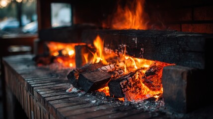 Crackling fire illuminates the wooden structure creating a cozy atmosphere under the evening sky.
