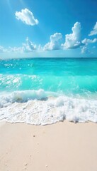Vibrant turquoise ocean waves crashing on a pristine white sand beach, sunny skies overhead  Perfect for spring break travel brochures and websites  Paradise found ,  relaxation,  break
