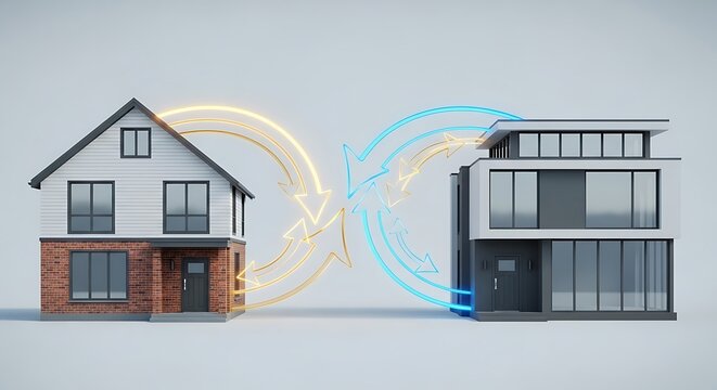 Modern house exchange concept with arrows, isolated on white background, representing property swap or real estate. 1031 Exchange