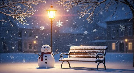 Snowman and snow covered park bench under a glowing lamppost during snowfall winter