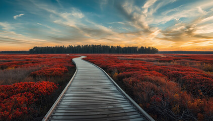 A scenic wooden pathway meanders through a vibrant sea of red heather blossoms during a warm, glowing sunset. The serene landscape creates a peaceful, atmospheric nature scene with rich colors