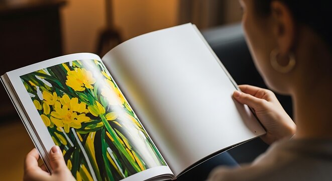 Person holding an open magazine with one page displaying vibrant yellow flowers and the other page blank for custom content