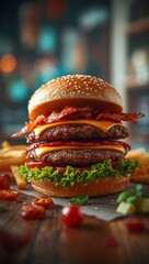 Big Juicy Hamburger with Many Layers. AI Generated.