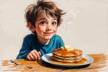 Boy Sitting at Table with Pancakes
