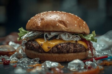 Hamburger with Plastic Trash Inside. AI Generated.