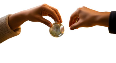 Two hands exchange a crystal orb on a dark background