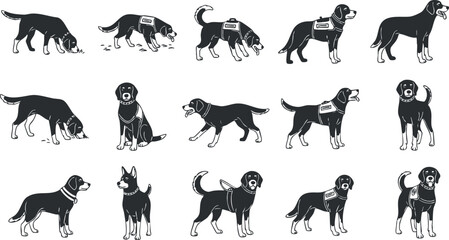 Collection of playful black and white vector illustrations featuring various dog breeds in different poses and activities for pet-related projects