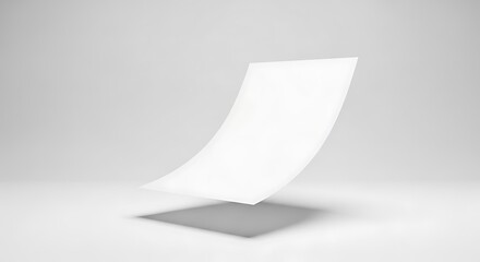 Single blank white sheet of paper floating and curved in midair, casting a shadow, isolated on white background