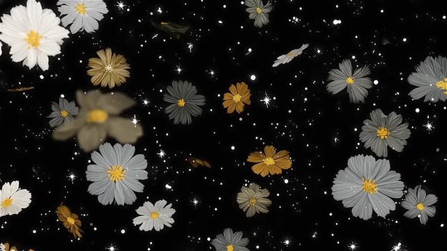 Patr&oacute;n de Flores Nocturnas y Estrellas flotando en el espacio / Night Flowers and Stars Pattern