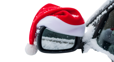 Christmas santa hat on snowy car side mirror