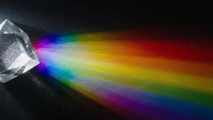 A crystal prism refracting light into a vibrant rainbow spectrum against a dark background