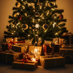 Festive Christmas Tree Illuminated, Surrounded by Wrapped Gifts