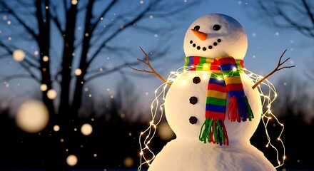 A cheerful snowman wearing a colorful striped scarf and adorned with warm white string lights stands against a dark blue twilight sky with blurred trees and falling snow