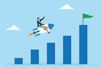 Vector illustration of a businessman riding a rocket soaring upward over rising bar charts toward a success flag, symbolizing rapid growth, breakthrough performance, achieving ambitious business goals